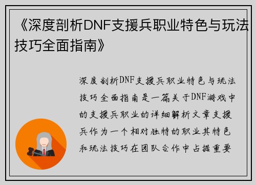 《深度剖析DNF支援兵职业特色与玩法技巧全面指南》