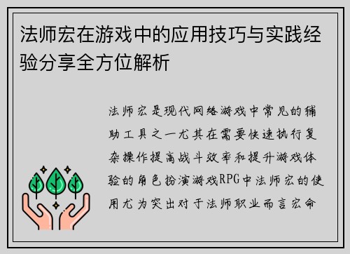 法师宏在游戏中的应用技巧与实践经验分享全方位解析